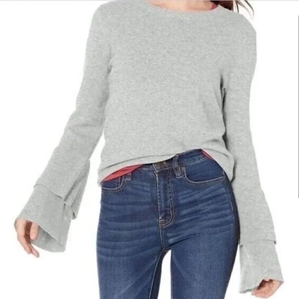 J. Crew Gray Ruffled Bell Sleeve Crewneck Wool Blend Sweater